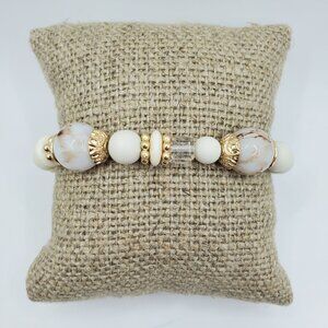 White & Gold Beaded Stretch Bracelet With Marble-Style Glass Beads 6.5-Inch Fit